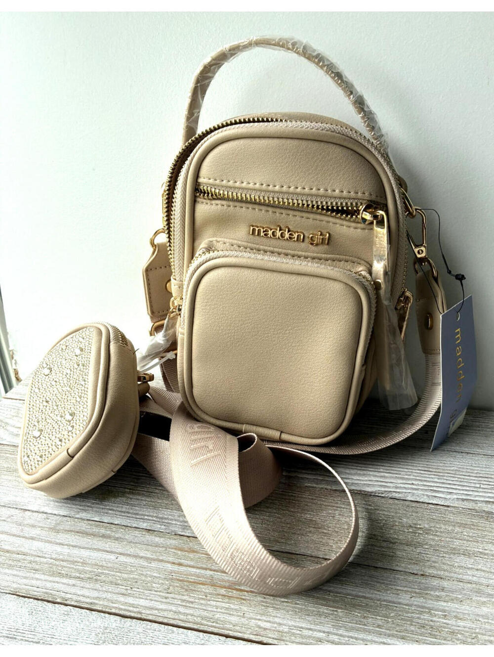 Madden Girl Mini Backpack Crossbody Bag Beige Neutral Faux Leather NWT Coin Purs